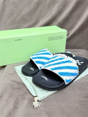 Off-White Blue and White Striped Terry Slide Sandals